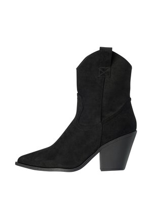 Black suede mid-calf western boot with pointed toe and chunky angled heel, featuring a pull tab at the top of the shaft.