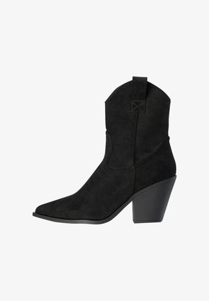 Black suede mid-calf western boot with pointed toe and chunky angled heel, featuring a pull tab at the top of the shaft.