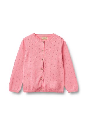 Rosa gestrickte Strickjacke mit kleiner Diamant-Struktur, Rundhalsausschnitt und sieben Knöpfen vorne. Lange Ärmel mit gerippten Bündchen.