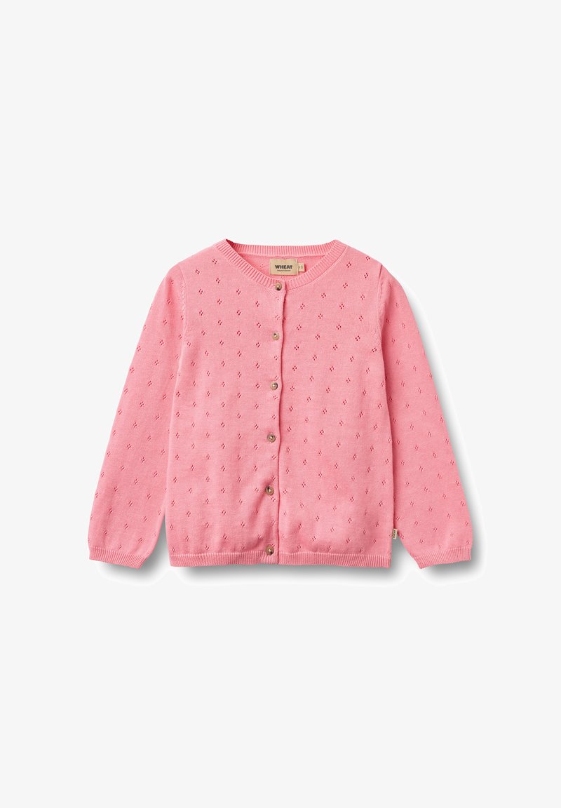 Cardigan rose tricoté avec une petite texture à motif losange, col rond et sept boutons sur le devant. Manches longues avec poignets côtelés.