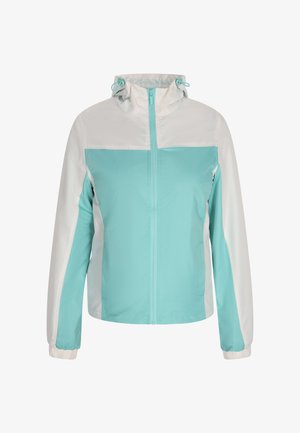 Leichte, kapuzierte Jacke in Türkis und Weiß mit Reißverschluss, elastischen Bündchen und einem Farbblockdesign. Glattes, wasserabweisendes Material.