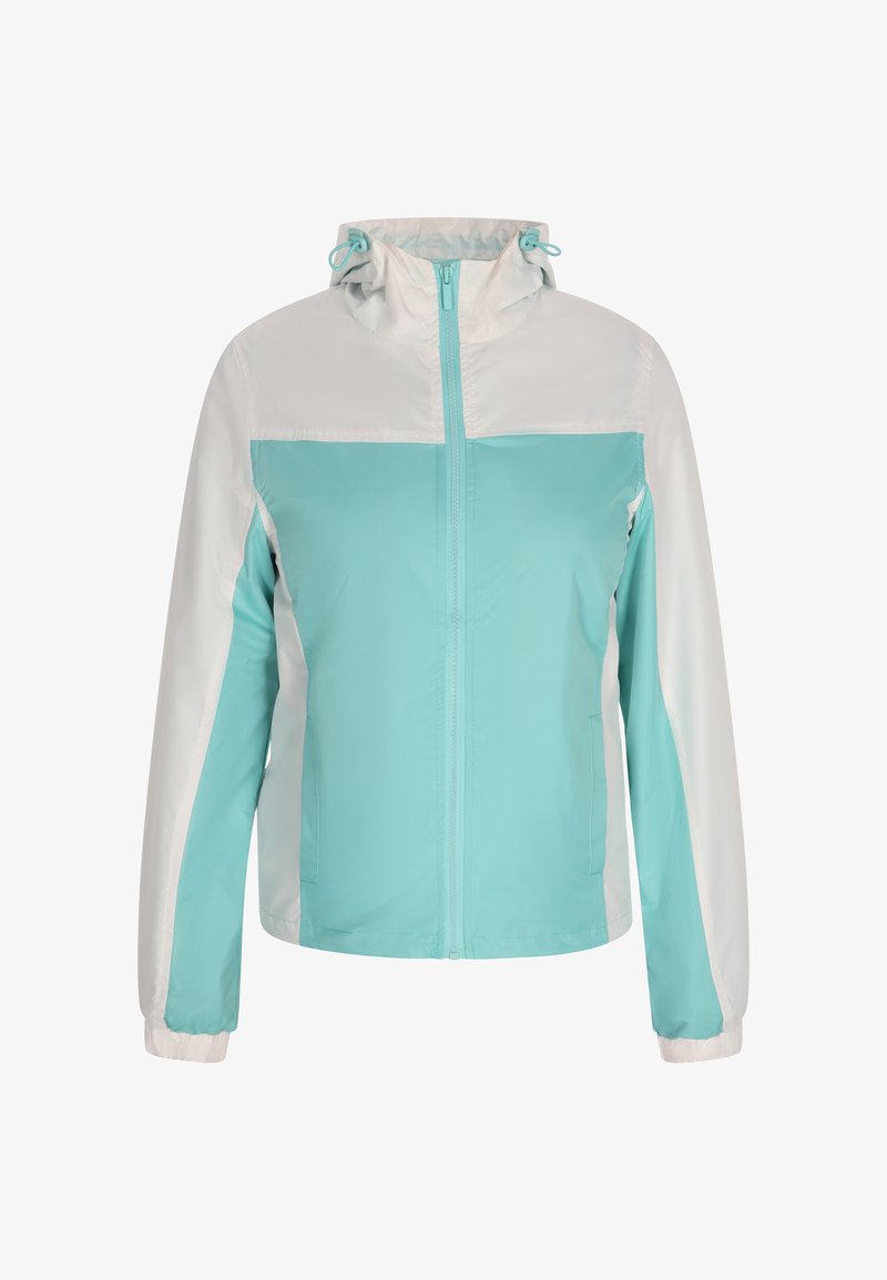 Let og hættejakke i turkis og hvid med lynlås foran, elastiske manchetter og et farveskift-design. Glat, vandafvisende stof.