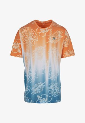 Kreklu ar īsām piedurknēm, kas izceļas ar oranžas uz zila gradientu un baltām ziedu un lapu rakstiem visā virsmā. Izgatavots no mīksta auduma.