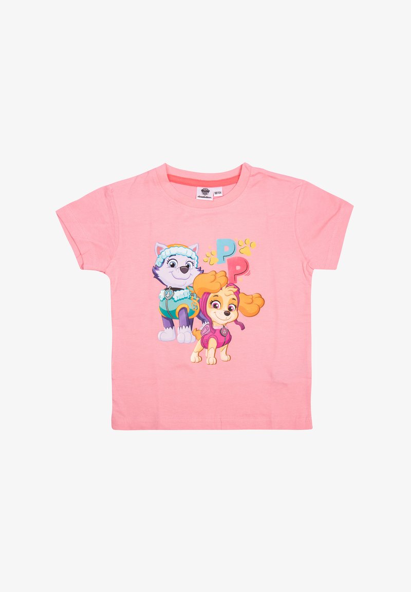 T-shirt rosa a maniche corte in cotone, caratterizzato da personaggi di cani dei cartoni animati, dettagli colorati e design grafico con la lettera 'P' al centro.