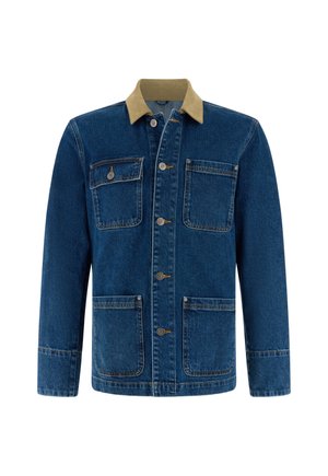 Blauwe spijkerjasje voor heren met beige kraag, knoopsluiting aan de voorkant en vier opgestikte zakken, waarvan twee met kleppen en knopen.