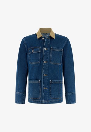 Blauwe spijkerjasje voor heren met beige kraag, knoopsluiting aan de voorkant en vier opgestikte zakken, waarvan twee met kleppen en knopen.