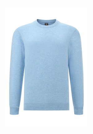 Pulover v nebo modri barvi, dolgi rokavi, okrogla izreza, mehak tekstur, pletena tkanina, enostaven dizajn, rebrasti manšeti in rob.