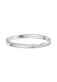 Pulsera de brazalete de plata con un diseño suave, que presenta una línea de pequeñas gemas transparentes a lo largo de un borde para añadir detalle.