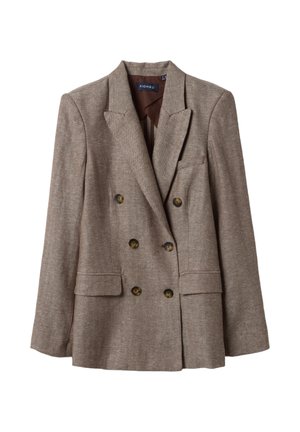 Brauner Fischgräten-Doppelreiher-Blazer mit Kerbklappen, sechs Schildpattknöpfen, zwei vorderen Pattentaschen und einer Brustleistentasche.