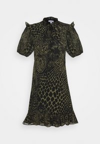 Knee-length svart och olivfärgad klänning med blandad djurtryck, volangkrage, puffade korta ärmar, knytkrage och volangkant.
