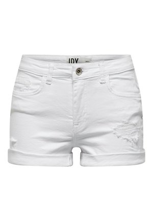 Hvide denimshorts med opsmøgede kanter, knaplukning, fem lommer og let frynset slid på højre forside.