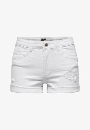 Short en denim blanc avec revers roulés, fermeture par bouton, cinq poches et légère usure effilochée sur le côté avant droit.