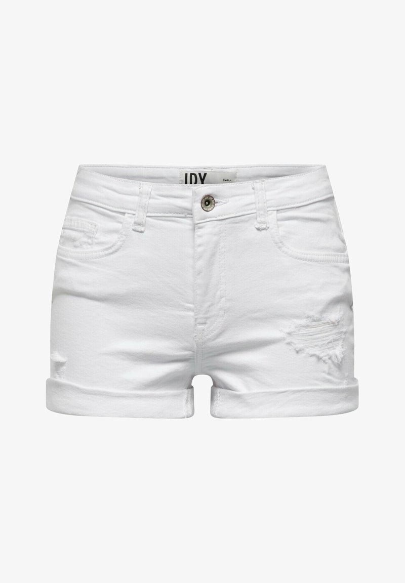 Short en denim blanc avec revers roulés, fermeture par bouton, cinq poches et légère usure effilochée sur le côté avant droit.