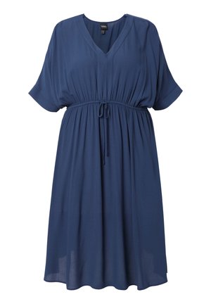 Vestito blu al ginocchio con scollo a V, maniche corte e vita regolabile con coulisse, realizzato in tessuto leggero.