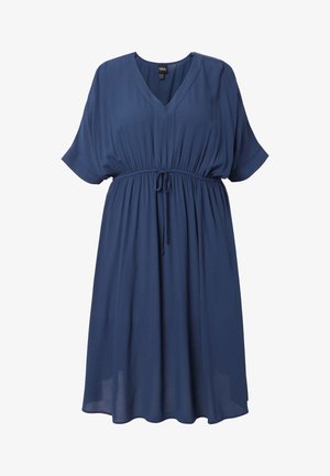 Vestito blu al ginocchio con scollo a V, maniche corte e vita regolabile con coulisse, realizzato in tessuto leggero.