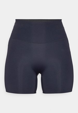 Høyt liv, marineblå sykkelshorts laget av stretchmateriale, med en glatt tekstur og en sømløs midje.