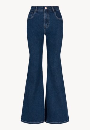 Donkerblauwe flared jeans van denim, met een hoge taille, vijf zakken en een knoopsluiting. Netjes afgewerkte zoom.