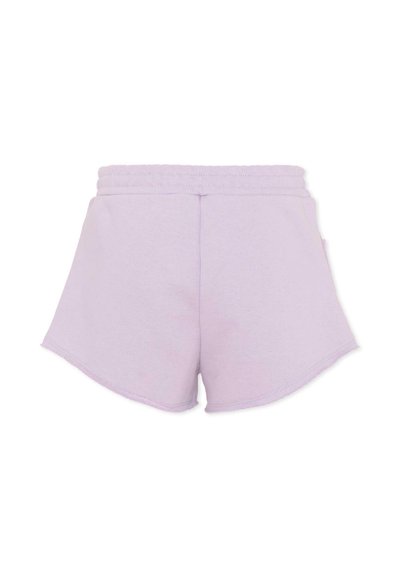 Shorts décontractés violet clair avec une taille élastique et un ourlet courbé, présentés sur un fond blanc.