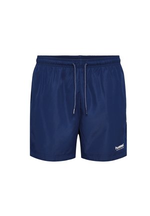 Marine zwemshorts met een elastische tailleband en trekkoord. Heeft een gladde textuur en een klein wit logo aan de voorkant.