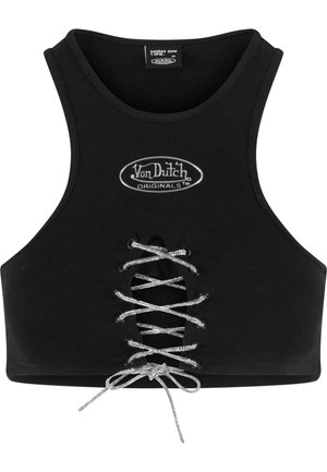 Black cropped tank top made of soft fabric, featuring a laced front with silver drawstrings and a round logo patch at the neckline.
