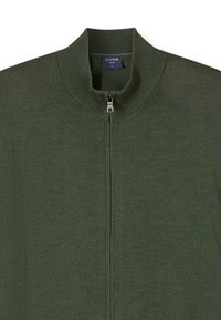 Dark green zip-up sweater with ribbed high collar and a visible silver zipper pull, labeled "OLYMP Casual M".