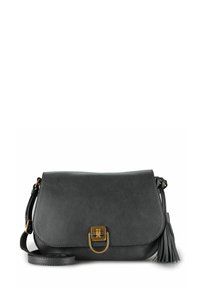 Graue Leder-Umhängetasche mit Klappenverschluss, goldfarbenen Beschlägen und einer Quasten-Verzierung. Glatte Oberfläche und minimalistisches Design.