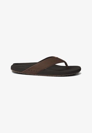 Brown flip-flop sandal with a textured strap and soft footbed. Features a durable rubber sole with a patterned grip for traction.