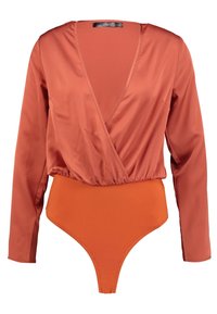 Langärmliger Bodysuit in rostorange. Mit einem tiefen V-Ausschnitt, Wickeldesign und einem hochgeschnittenen Saum mit glatter Textur.