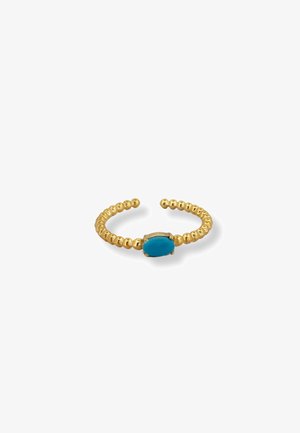 Gold ring with a beaded band featuring an oval turquoise stone at the center. The design is open-ended for adjustable sizing.