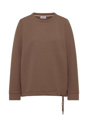 Brun texturerad sweatshirt med rund hals, långa ärmar och sidodragkedjedetaljer för justerbar passform. Varumärkesetikett är synlig vid halsringningen.