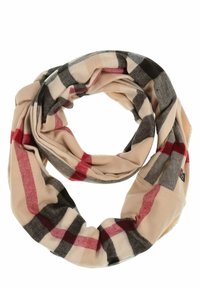 Beige ruutuneule huivi, jossa on punaisia, mustia ja harmaita yksityiskohtia. Pehmeä kangas, pyöreä muotoilu, jossa on ruutukuvio. Kevyt ja laskeutuva tekstuuri.
