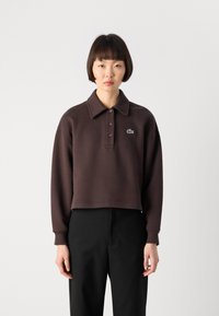 Brown cropped polo sweatshirt with a button placket, large collar, and embroidered logo. Paired with black pants, worn by a person.