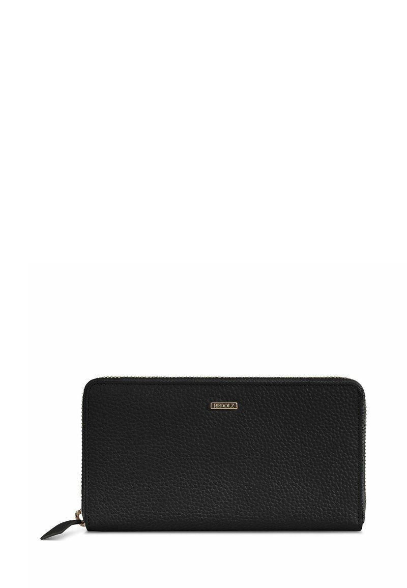 Cartera de cuero negra con una superficie texturizada, cierre de cremallera y una placa de logo metálica en la parte frontal. Forma rectangular, diseño delgado.