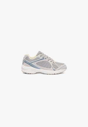 Light gray athletic sneaker with mesh panels, lace-up front, white cushioned sole, and light blue accents shown from the side.