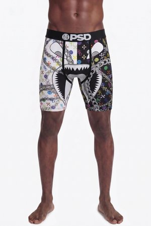 Herren-Boxershorts mit schwarzem Bund, beschriftet mit PSD, mit bunten Ketten und Haifischmaul-Grafik auf schwarz-weißem Hintergrund.