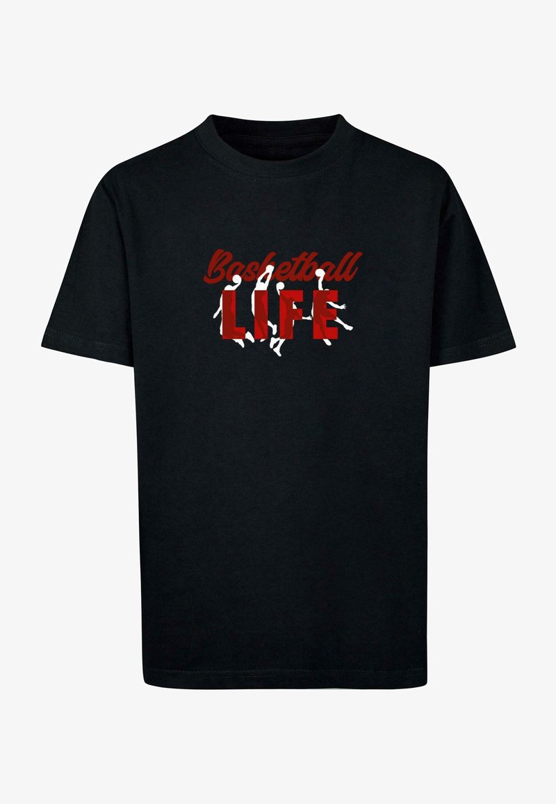 Black cotton t-shirt featuring red text "Basketball" above "LIFE," with white silhouettes of basketball players in action.