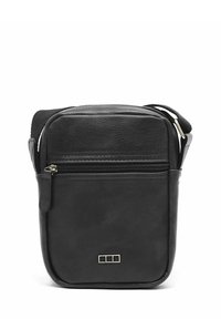 Borsa a tracolla in pelle nera con tasca anteriore con zip, forma rettangolare e sottili dettagli in oro. Texture liscia e design minimal.