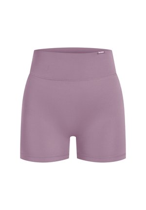 Fioletowe szorty sportowe z wysokim stanem, wykonane z gładkiego, elastycznego materiału. Charakteryzują się prostym wzornictwem z minimalnymi detalami szwów.