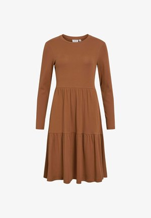 Brown ribbed dress with long sleeves, round neckline, and tiered skirt design. Made from soft fabric, features a fitted bodice and flowing lower section.
