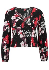Blusa nera a fiori con vivaci fiori rossi e bianchi, maniche lunghe, scollatura a V profonda e dettagli con bottoni davanti. Tessuto leggero.