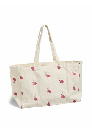 Płócienna torba na ramię w kolorze kremowym z różowym kwiatowym wzorem, o prostokątnym kształcie i miękkiej strukturze, wyposażona w dwa paski na ramię.