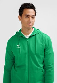 Grøn lynlåshættetrøje lavet af blødt stof, med snøre i hætten og en frontlomme. Logo trykt på øverste venstre side.