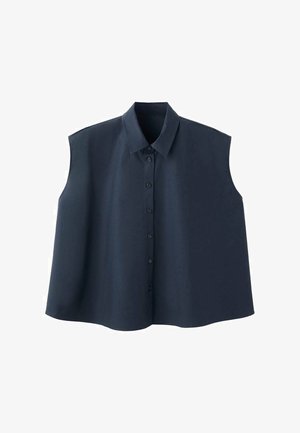 Blouse bleu marine sans manches avec un devant boutonné, un col pointu et un tissu lisse ; présente une forme décontractée et carrée avec un ourlet incurvé.