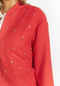Rote gesteppte Jacke mit einem strukturierten Muster, ausgestattet mit verstreuten metallischen Verzierungen und einer Fronttasche. Reißverschluss am Hals.
