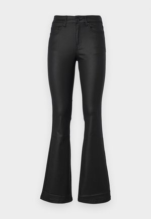 Black flared jeans made of a smooth fabric. Features five pockets, a fitted waist, and a wide leg opening at the hem.