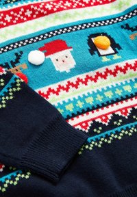 Pull de Noël avec un Père Noël tricoté, un pingouin avec un nez pompon orange, un renne, et des motifs festifs rouges, verts, blancs et bleus.