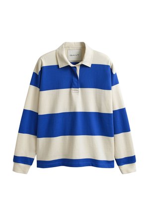 Tricou de rugby cu mâneci lungi, dungi late orizontale albastre și albe și guler alb.