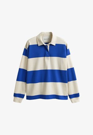 Tricou de rugby cu mâneci lungi, dungi late orizontale albastre și albe și guler alb.