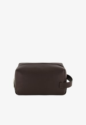 Brown leather toiletry bag with a rectangular shape, smooth texture, zip closure, and side handle for easy carrying.