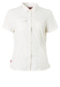 Chemise blanche à manches courtes avec deux poches poitrine, dont une étiquetée "Craghoppers", dotée d'un col classique et d'une coupe ajustée.
